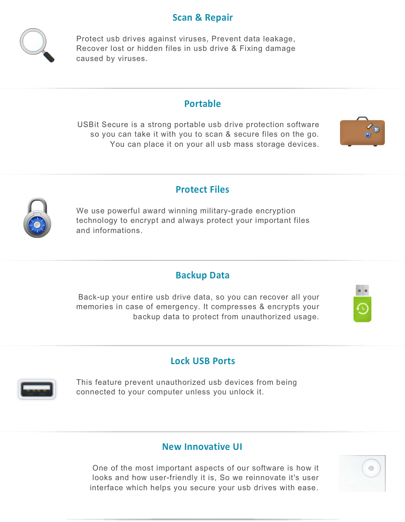 An informative image illustrating the features of USBit Secure software, highlighting its key functionalities: "Scan & Repair" to protect USB drives against viruses, prevent data leakage, recover lost or hidden files, and fix virus damage; "Portable" for strong USB drive protection, portable usage across mass storage devices; "Protect Files" with military-grade encryption to safeguard files and information; "Backup Data" for compressing, encrypting, and recovering USB drive data in emergencies; "Lock USB Ports" to prevent unauthorized USB device connections; and a "New Innovative UI" designed for user-friendliness and ease of USB drive security.